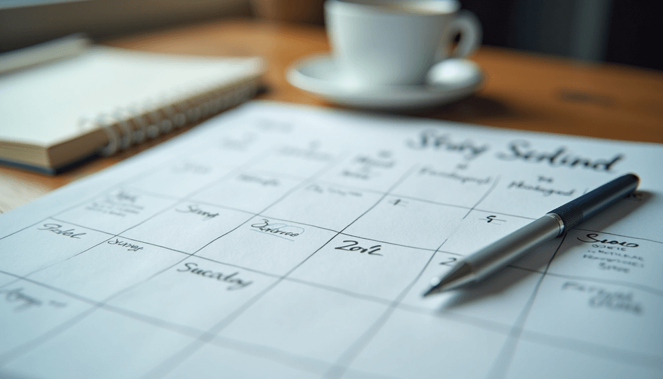 Close-up view of a calendar with a detailed study schedule and notes