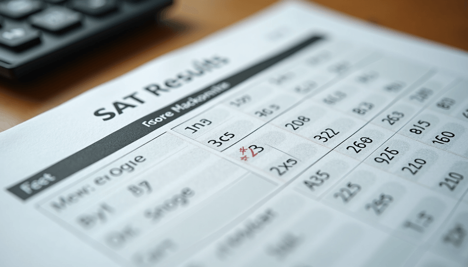 High angle view of a score report showing SAT results