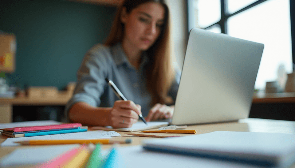 Eye-level view of a student studying with colorful notes and a laptop