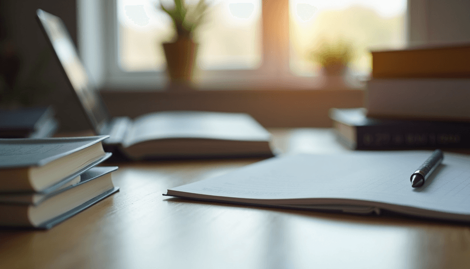 Eye-level view of a study desk with SAT prep books and notes