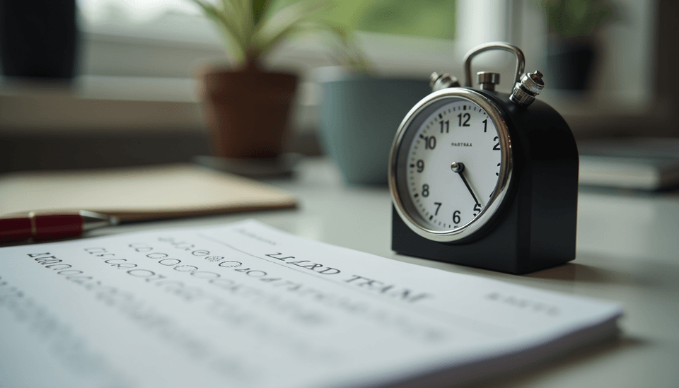 Close-up of a timer and SAT test booklet on a desk