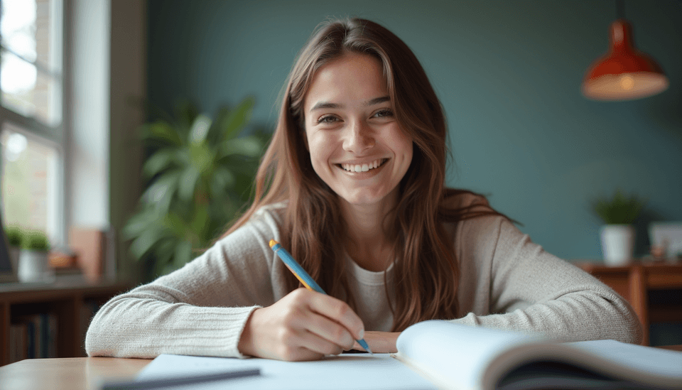 Eye-level view of a student smiling confidently with study materials spread out